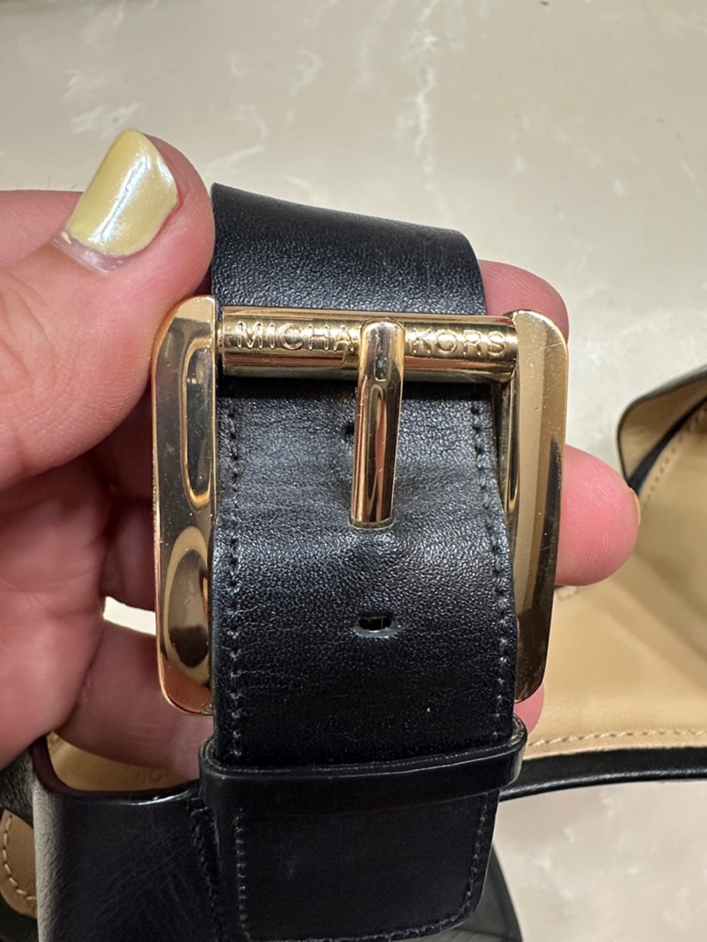 Michael Kors Black Leather Block Heel Sandals with Gold Buckle - Picture 2 of 8